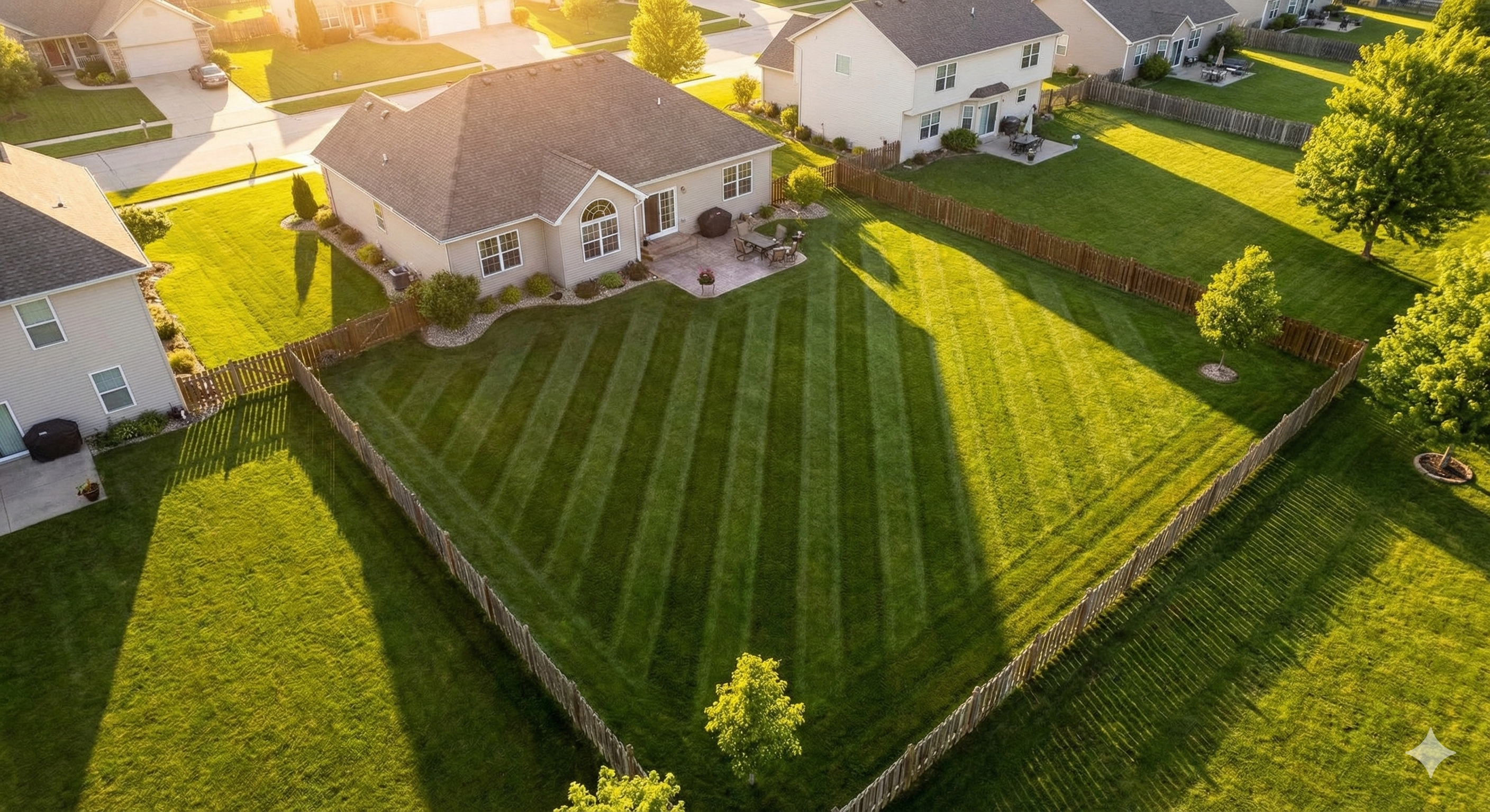 Lush green freshly mowed lawn in a suburban neighborhood